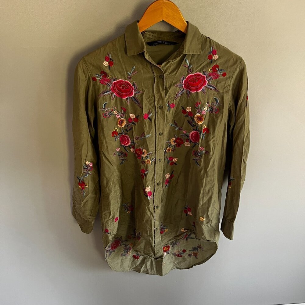 Zara floral embroidered button down shirt Green Size XS boho western festival - Picture 14 of 14